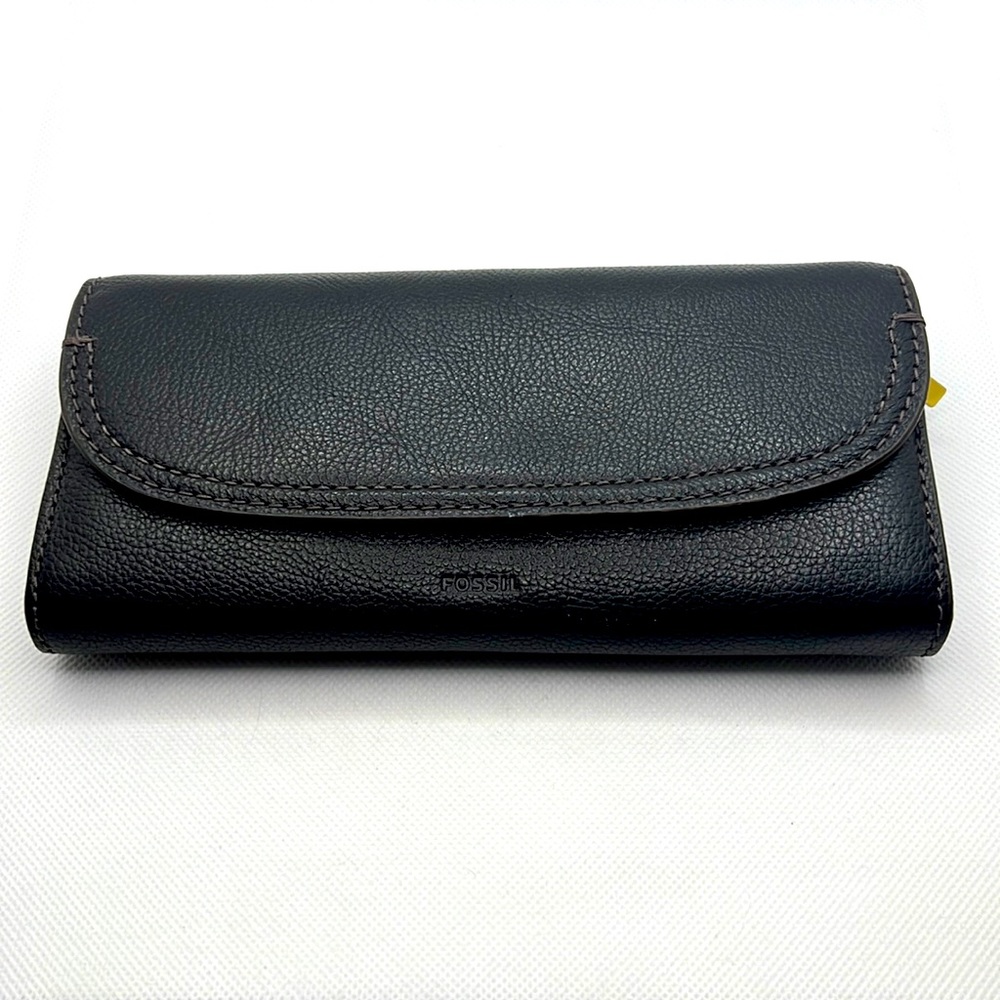 FOSSIL Cleo Clutch, Black Leather, Old English Brass Hardware